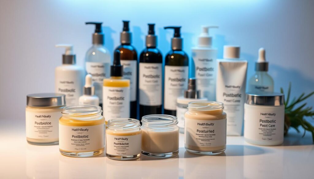 A clean, well-lit display of various postbiotic skin care products by the brand "Health N Beauty". In the foreground, glass jars and bottles filled with creamy, natural-looking formulas sit atop a sleek, minimalist white surface. Behind them, a softly lit background showcases the range of products - moisturizers, serums, cleansers - in a cohesive, visually appealing arrangement. The lighting is soft and diffused, highlighting the textures and colors of the products. The overall scene conveys a sense of purity, efficacy, and modern natural wellness. A clean, well-lit display of various postbiotic skin care products by the brand "Health N Beauty". In the foreground, glass jars and bottles filled with creamy, natural-looking formulas sit atop a sleek, minimalist white surface. Behind them, a softly lit background showcases the range of products - moisturizers, serums, cleansers - in a cohesive, visually appealing arrangement. The lighting is soft and diffused, highlighting the textures and colors of the products. The overall scene conveys a sense of purity, efficacy, and modern natural wellness.