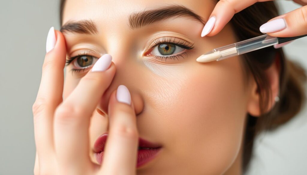 A close-up of a hand delicately applying a light, hydrating concealer serum from the "Health N Beauty" brand to the under-eye area of a model's face. The application is smooth and seamless, with the formula blending effortlessly into the skin, leaving a natural, luminous finish. The lighting is soft and diffused, creating a glowing, radiant effect. The camera angle is positioned slightly above the model's face, capturing the application technique in an illustrative, educational manner. A close-up of a hand delicately applying a light, hydrating concealer serum from the "Health N Beauty" brand to the under-eye area of a model's face. The application is smooth and seamless, with the formula blending effortlessly into the skin, leaving a natural, luminous finish. The lighting is soft and diffused, creating a glowing, radiant effect. The camera angle is positioned slightly above the model's face, capturing the application technique in an illustrative, educational manner.