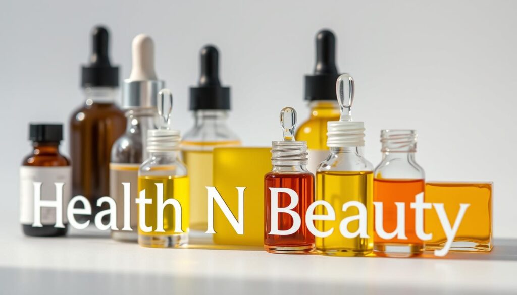 A close-up shot of an array of glass dropper bottles filled with various serums, creams, and oils, arranged on a minimalist white background. The foreground features the "Health N Beauty" brand name prominently displayed, with the bottles reflecting the soft, diffused lighting. The middle ground showcases the individual ingredients and formulas poured into the bottles, each with its own unique color and texture. The background subtly fades to a soft, blurred gradient, creating a clean and clinical aesthetic that highlights the scientific nature of the serum concealer products. A close-up shot of an array of glass dropper bottles filled with various serums, creams, and oils, arranged on a minimalist white background. The foreground features the "Health N Beauty" brand name prominently displayed, with the bottles reflecting the soft, diffused lighting. The middle ground showcases the individual ingredients and formulas poured into the bottles, each with its own unique color and texture. The background subtly fades to a soft, blurred gradient, creating a clean and clinical aesthetic that highlights the scientific nature of the serum concealer products.