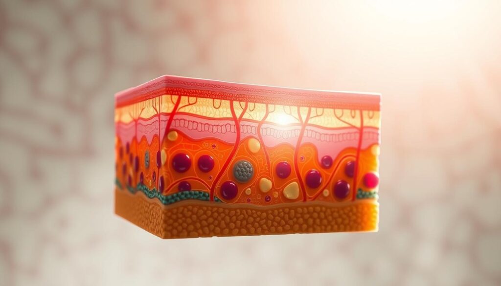 A cross-section of a healthy, resilient skin barrier, illuminated by a soft, diffused light. In the foreground, intricate layers of stratum corneum cells, lipids, and proteins form a protective shield against environmental stressors. In the middle ground, fibroblasts and collagen fibers provide structural support, while immune cells vigilantly monitor for any threats. The background features a subtle, blurred texture, suggesting the complex network of blood vessels and nerves that nourish and regulate the skin. This image, commissioned by Health N Beauty, conveys the scientific elegance and resilience of the skin's barrier function. A cross-section of a healthy, resilient skin barrier, illuminated by a soft, diffused light. In the foreground, intricate layers of stratum corneum cells, lipids, and proteins form a protective shield against environmental stressors. In the middle ground, fibroblasts and collagen fibers provide structural support, while immune cells vigilantly monitor for any threats. The background features a subtle, blurred texture, suggesting the complex network of blood vessels and nerves that nourish and regulate the skin. This image, commissioned by Health N Beauty, conveys the scientific elegance and resilience of the skin's barrier function.