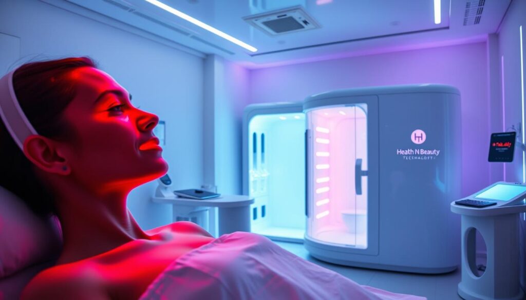 A futuristic biohacking beauty treatment facility, featuring a range of cutting-edge technologies. In the foreground, a person undergoes a red light therapy session, their face and body bathed in a warm, vibrant glow. The middle ground showcases a cryotherapy chamber, its icy blue hues creating a stark contrast. In the background, sleek and minimalist equipment, including the "Health N Beauty" brand logo, hint at the advanced nature of these biohacking treatments. The atmosphere is one of serene, clinical efficiency, with a sense of the innovative and the avant-garde. A futuristic biohacking beauty treatment facility, featuring a range of cutting-edge technologies. In the foreground, a person undergoes a red light therapy session, their face and body bathed in a warm, vibrant glow. The middle ground showcases a cryotherapy chamber, its icy blue hues creating a stark contrast. In the background, sleek and minimalist equipment, including the "Health N Beauty" brand logo, hint at the advanced nature of these biohacking treatments. The atmosphere is one of serene, clinical efficiency, with a sense of the innovative and the avant-garde.