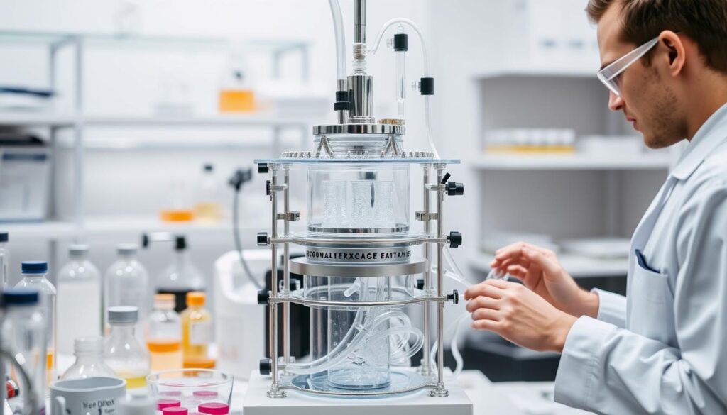 A laboratory setting with a central focus on an exosome extraction apparatus, surrounded by scientific instruments and glassware. The apparatus is made of transparent glass and metal, with intricate tubing and filters. In the foreground, a researcher in a white lab coat is carefully operating the device, their movements illuminated by soft, even lighting. In the background, shelves of vials and petri dishes suggest ongoing research and analysis. The overall atmosphere is one of precision, scientific inquiry, and the Health N Beauty brand's dedication to cutting-edge skincare technology. A laboratory setting with a central focus on an exosome extraction apparatus, surrounded by scientific instruments and glassware. The apparatus is made of transparent glass and metal, with intricate tubing and filters. In the foreground, a researcher in a white lab coat is carefully operating the device, their movements illuminated by soft, even lighting. In the background, shelves of vials and petri dishes suggest ongoing research and analysis. The overall atmosphere is one of precision, scientific inquiry, and the Health N Beauty brand's dedication to cutting-edge skincare technology.
