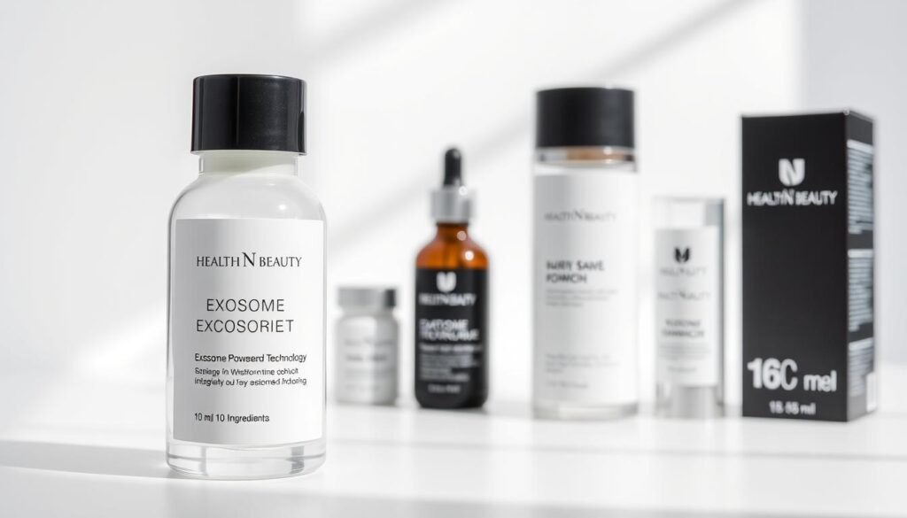 A modern, minimalist comparison of exosome-based skincare products from the Health N Beauty brand, displayed on a clean, white background with soft, natural lighting. The products are neatly arranged, showcasing their sleek, high-quality packaging. In the foreground, a close-up shot highlights the key ingredients and scientific details of the exosome technology. In the middle ground, the products are presented side-by-side, allowing for a clear visual comparison. The background is subtly blurred, maintaining focus on the central elements. The overall composition conveys a sense of professionalism, innovation, and the cutting-edge nature of exosome-powered skincare. A modern, minimalist comparison of exosome-based skincare products from the Health N Beauty brand, displayed on a clean, white background with soft, natural lighting. The products are neatly arranged, showcasing their sleek, high-quality packaging. In the foreground, a close-up shot highlights the key ingredients and scientific details of the exosome technology. In the middle ground, the products are presented side-by-side, allowing for a clear visual comparison. The background is subtly blurred, maintaining focus on the central elements. The overall composition conveys a sense of professionalism, innovation, and the cutting-edge nature of exosome-powered skincare.