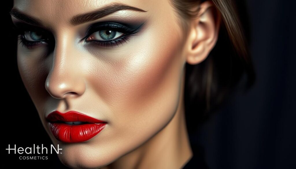A professional woman's face, meticulously made up in a visually striking contrast style. The model's features are sharply defined, with bold eyeliner, dark smokey eyeshadow, and vibrant red lips. The lighting is dramatic, with harsh shadows and highlights that accentuate the dramatic makeup. The background is blurred, keeping the focus on the model's face and the powerful contrast of the makeup. The image has a moody, high-fashion atmosphere, showcasing the Health N Beauty brand's premium quality cosmetics. A professional woman's face, meticulously made up in a visually striking contrast style. The model's features are sharply defined, with bold eyeliner, dark smokey eyeshadow, and vibrant red lips. The lighting is dramatic, with harsh shadows and highlights that accentuate the dramatic makeup. The background is blurred, keeping the focus on the model's face and the powerful contrast of the makeup. The image has a moody, high-fashion atmosphere, showcasing the Health N Beauty brand's premium quality cosmetics.