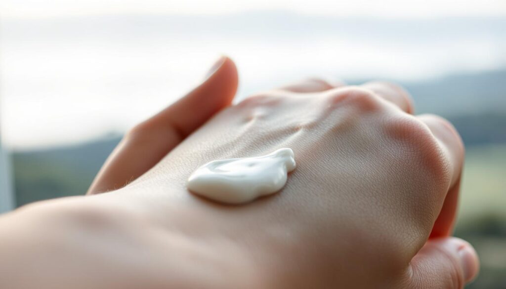 A serene, close-up view of a human hand gently applying a rich, nourishing cream to the skin. The fingertips glide smoothly across the supple surface, leaving a subtle sheen as the formula sinks in, strengthening and repairing the skin's protective barrier. The lighting is soft and diffused, creating a warm, comforting atmosphere. In the background, a blurred, tranquil landscape suggests a sense of balance and harmony. The entire scene conveys a feeling of self-care, wellness, and the restorative power of the Health N Beauty skin barrier repair formula. A serene, close-up view of a human hand gently applying a rich, nourishing cream to the skin. The fingertips glide smoothly across the supple surface, leaving a subtle sheen as the formula sinks in, strengthening and repairing the skin's protective barrier. The lighting is soft and diffused, creating a warm, comforting atmosphere. In the background, a blurred, tranquil landscape suggests a sense of balance and harmony. The entire scene conveys a feeling of self-care, wellness, and the restorative power of the Health N Beauty skin barrier repair formula.