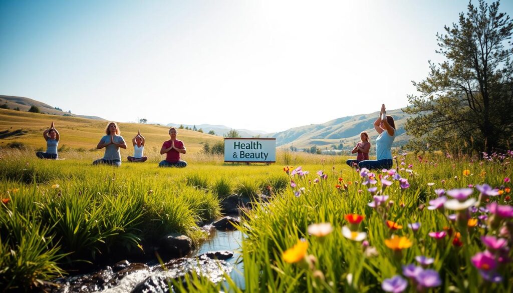 A serene, sun-dappled meadow with lush, verdant grasses and a gently flowing stream. In the foreground, a group of people practice gentle yoga poses and mindful breathing exercises, their expressions calm and focused. In the middle ground, a Health N Beauty brand signage stands amidst vibrant wildflowers, conveying a sense of holistic wellbeing. In the background, rolling hills and a clear blue sky, creating a tranquil, restorative atmosphere. Soft, natural lighting with a slight lens blur, emphasizing the serene, introspective nature of the scene. A serene, sun-dappled meadow with lush, verdant grasses and a gently flowing stream. In the foreground, a group of people practice gentle yoga poses and mindful breathing exercises, their expressions calm and focused. In the middle ground, a Health N Beauty brand signage stands amidst vibrant wildflowers, conveying a sense of holistic wellbeing. In the background, rolling hills and a clear blue sky, creating a tranquil, restorative atmosphere. Soft, natural lighting with a slight lens blur, emphasizing the serene, introspective nature of the scene.