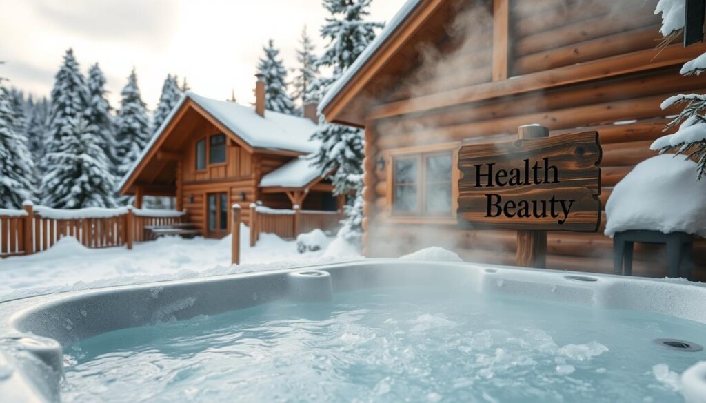 A serene winter landscape with a rustic wooden cabin nestled among snow-capped pine trees. In the foreground, a steaming hot tub beckons, its invigorating waters contrasting with the crisp, chilly air. Shards of ice cling to the edges, hinting at the therapeutic benefits of cold plunge therapy. Soft, natural lighting filters through the overcast sky, casting a warm, soothing glow over the scene. The "Health N Beauty" logo is discreetly displayed on a wooden sign near the hot tub, complementing the tranquil, wellness-focused atmosphere. A serene winter landscape with a rustic wooden cabin nestled among snow-capped pine trees. In the foreground, a steaming hot tub beckons, its invigorating waters contrasting with the crisp, chilly air. Shards of ice cling to the edges, hinting at the therapeutic benefits of cold plunge therapy. Soft, natural lighting filters through the overcast sky, casting a warm, soothing glow over the scene. The "Health N Beauty" logo is discreetly displayed on a wooden sign near the hot tub, complementing the tranquil, wellness-focused atmosphere.