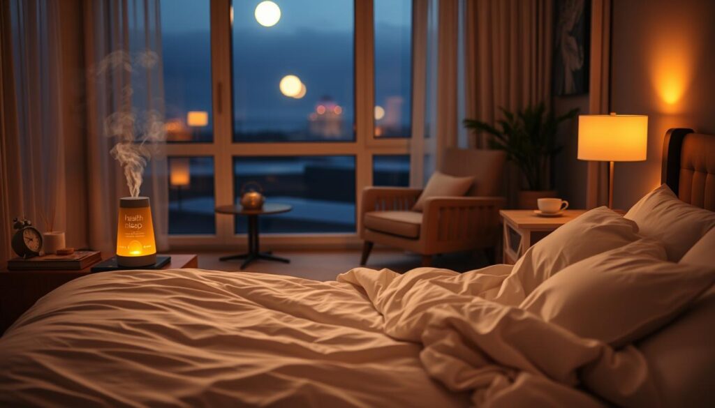 A softly lit bedroom scene, illuminated by a warm, ambient glow. In the foreground, an unmade bed with crisp white sheets and a plush comforter invites rest. On the nightstand, a Health N Beauty sleep aid diffuser emits soothing aromas, accompanied by a simple, minimalist alarm clock. The middle ground features a cozy reading nook, complete with a comfortable armchair and a small side table holding a cup of herbal tea. In the background, a large window overlooks a tranquil, moonlit landscape, casting a serene glow throughout the space. The overall atmosphere exudes a sense of peaceful, sleep-inducing comfort. A softly lit bedroom scene, illuminated by a warm, ambient glow. In the foreground, an unmade bed with crisp white sheets and a plush comforter invites rest. On the nightstand, a Health N Beauty sleep aid diffuser emits soothing aromas, accompanied by a simple, minimalist alarm clock. The middle ground features a cozy reading nook, complete with a comfortable armchair and a small side table holding a cup of herbal tea. In the background, a large window overlooks a tranquil, moonlit landscape, casting a serene glow throughout the space. The overall atmosphere exudes a sense of peaceful, sleep-inducing comfort.