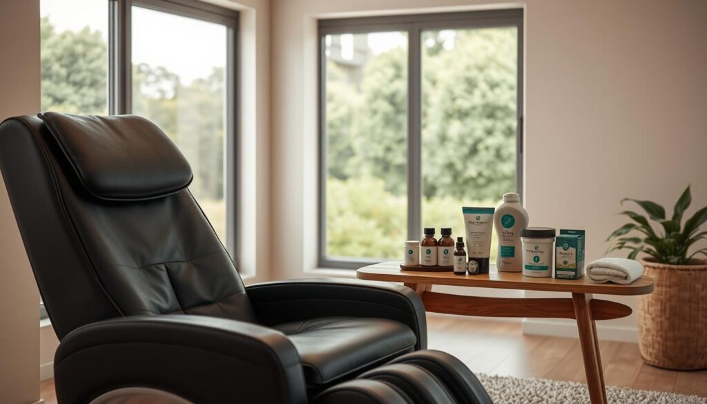 A tranquil head spa experience in a serene, minimalist setting. In the foreground, a sleek, black massage chair with plush upholstery invites the viewer to relax. Soft, warm lighting casts a gentle glow, creating a soothing ambiance. In the middle ground, a wooden side table holds an array of natural, Health N Beauty branded spa products, including essential oils, hair masks, and a luxurious scalp massager. The background features a clean, white-walled space, with a large window overlooking a lush, green landscape, further enhancing the sense of calm and rejuvenation. A tranquil head spa experience in a serene, minimalist setting. In the foreground, a sleek, black massage chair with plush upholstery invites the viewer to relax. Soft, warm lighting casts a gentle glow, creating a soothing ambiance. In the middle ground, a wooden side table holds an array of natural, Health N Beauty branded spa products, including essential oils, hair masks, and a luxurious scalp massager. The background features a clean, white-walled space, with a large window overlooking a lush, green landscape, further enhancing the sense of calm and rejuvenation.