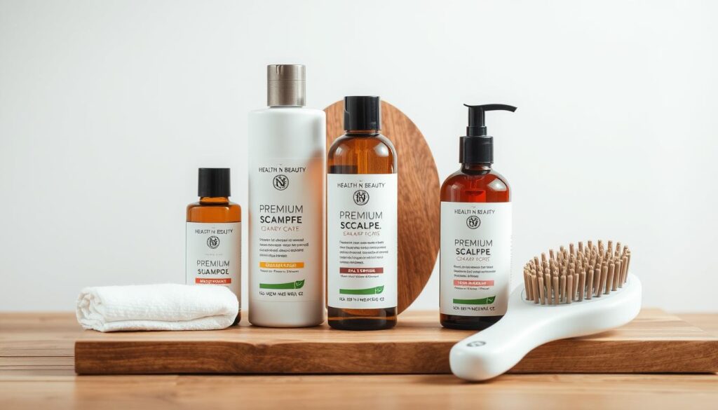 A well-lit, high-quality still life scene of an assortment of premium scalp care products from the brand "Health N Beauty" on a modern, minimalist wooden table. The products include a shampoo bottle, a hair serum, and a scalp massage brush, all with clean, natural packaging design. Soft, diffused lighting creates a calm, spa-like atmosphere, highlighting the textures and materials of the products. The arrangement is visually balanced, with the products placed strategically to showcase their features. The background is a simple, light-colored surface, allowing the products to take center stage. A well-lit, high-quality still life scene of an assortment of premium scalp care products from the brand "Health N Beauty" on a modern, minimalist wooden table. The products include a shampoo bottle, a hair serum, and a scalp massage brush, all with clean, natural packaging design. Soft, diffused lighting creates a calm, spa-like atmosphere, highlighting the textures and materials of the products. The arrangement is visually balanced, with the products placed strategically to showcase their features. The background is a simple, light-colored surface, allowing the products to take center stage.