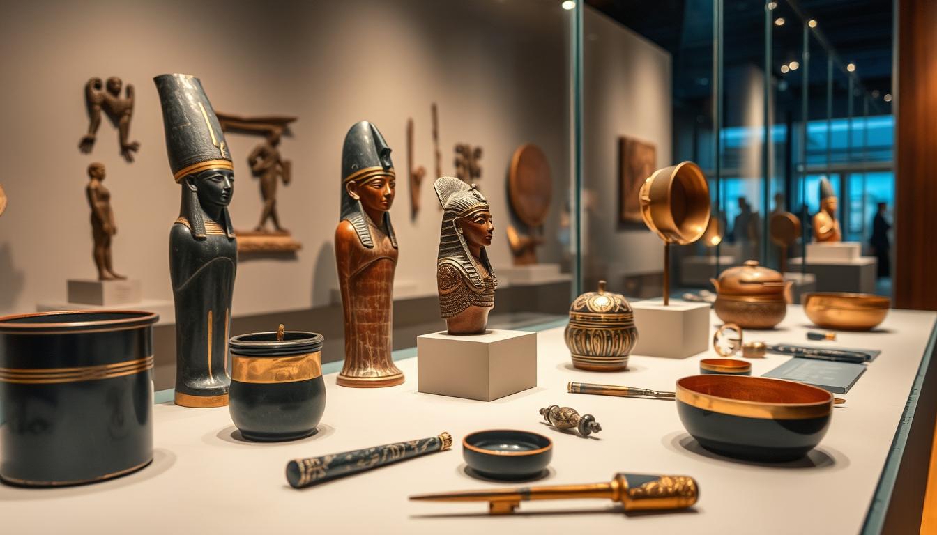 Ancient Egyptian makeup artifacts including kohl containers and application tools