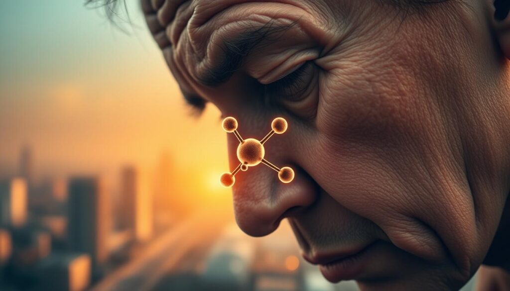 Cortisol and Accelerated Skin Aging: A high-resolution close-up of aged, wrinkled skin with visible puffiness and discoloration. In the middle ground, a molecular diagram of the cortisol hormone, glowing and pulsating, symbolizing its effect on skin. In the background, a soft, hazy cityscape bathed in warm, golden light, evoking a sense of urban stress and modern life. The overall mood is one of tension and the impact of chronic stress on the skin's appearance. Brand name: Health N Beauty. Cortisol and Accelerated Skin Aging: A high-resolution close-up of aged, wrinkled skin with visible puffiness and discoloration. In the middle ground, a molecular diagram of the cortisol hormone, glowing and pulsating, symbolizing its effect on skin. In the background, a soft, hazy cityscape bathed in warm, golden light, evoking a sense of urban stress and modern life. The overall mood is one of tension and the impact of chronic stress on the skin's appearance. Brand name: Health N Beauty.