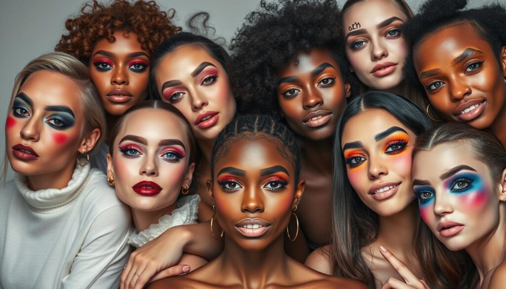 Diverse group of people with various makeup styles expressing individuality