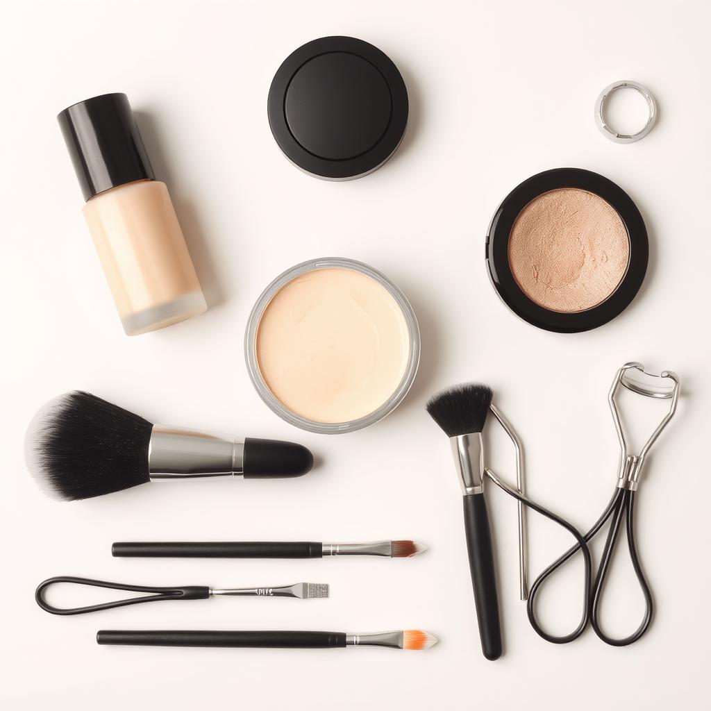 Essential makeup brushes and tools arranged neatly