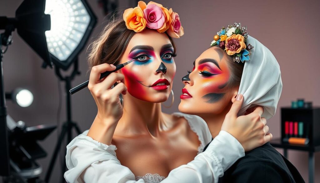 Makeup artist creating an elaborate artistic makeup look