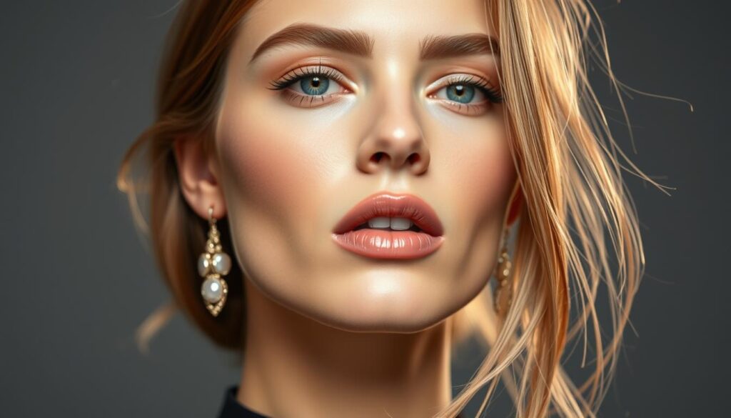 Model showcasing 2024 makeup trends with glowing skin and subtle color