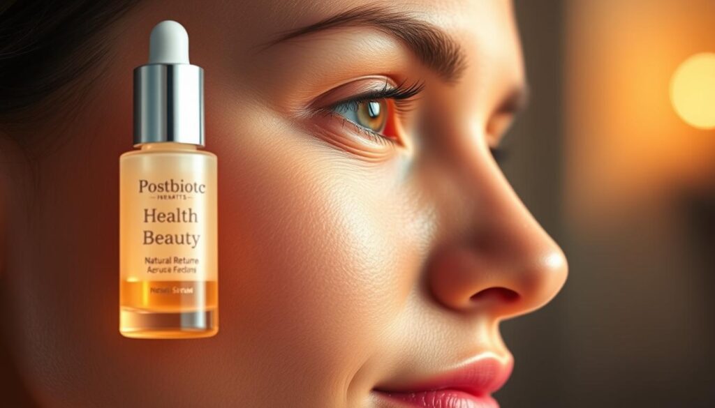 Postbiotics benefits for skin: a vibrant close-up of a healthy, glowing complexion. In the foreground, exquisitely detailed skin with a luminous, poreless texture. Midground showcases a shimmering serum bottle labeled "Health N Beauty", radiating a natural, restorative glow. The background softly blurs, evoking a serene, spa-like atmosphere. Warm, diffused lighting accentuates the skin's supple, youthful appearance. Shot with a macro lens to capture intricate pores and the skin's natural contours. The overall mood is one of radiant, rejuvenated beauty, highlighting the transformative power of postbiotic skincare. Postbiotics benefits for skin: a vibrant close-up of a healthy, glowing complexion. In the foreground, exquisitely detailed skin with a luminous, poreless texture. Midground showcases a shimmering serum bottle labeled "Health N Beauty", radiating a natural, restorative glow. The background softly blurs, evoking a serene, spa-like atmosphere. Warm, diffused lighting accentuates the skin's supple, youthful appearance. Shot with a macro lens to capture intricate pores and the skin's natural contours. The overall mood is one of radiant, rejuvenated beauty, highlighting the transformative power of postbiotic skincare.
