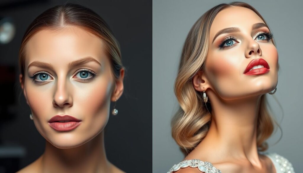 Side-by-side comparison of day and evening makeup looks