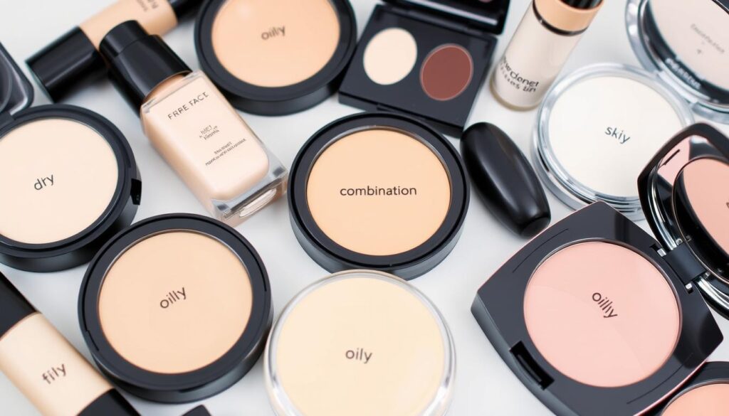 Various makeup products organized by skin type compatibility
